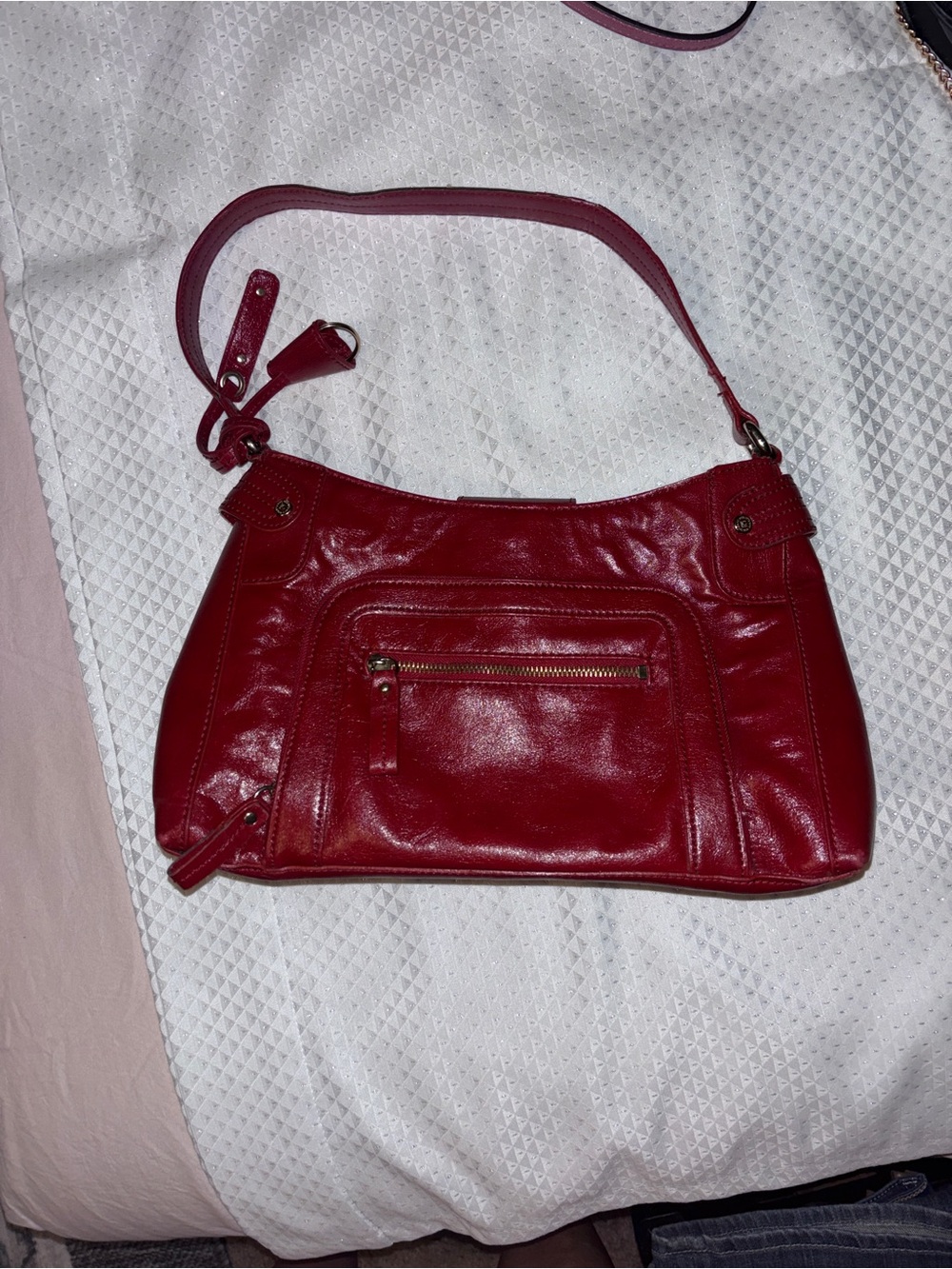 Liz Claiborne Red Leather Shoulder Bag with Front Zip Pocket and Strap